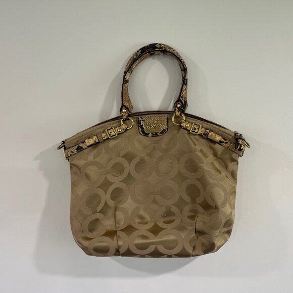Coach 18650 Signature Op Art Madison Satin Satchel Shoulder Handbag Python Brass - Picture 1 of 10